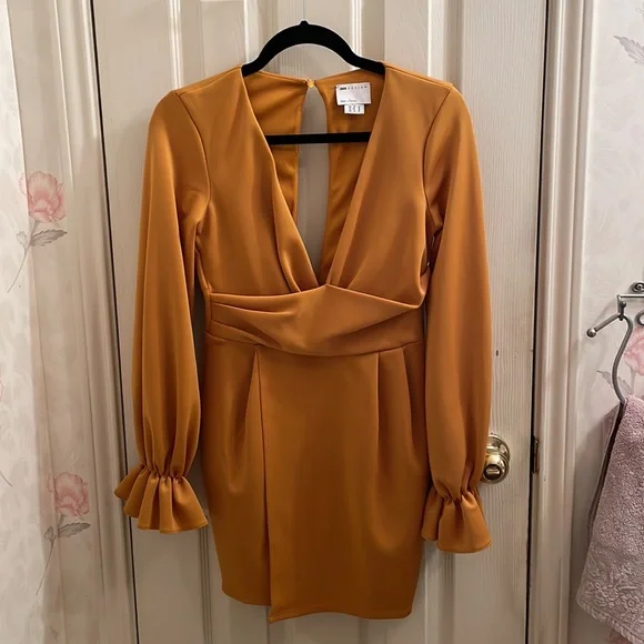 ASOS Design Petite Wrap Plunge Mini Dress with Flute Sleeve in Mustard - Picture 6 of 9